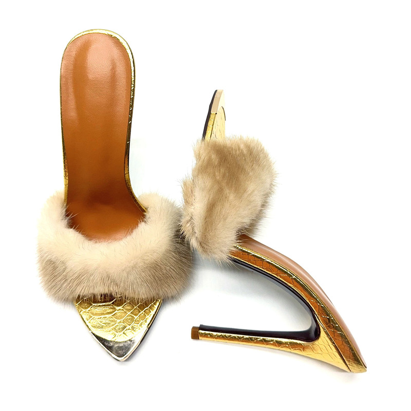 Designer high-heeled sandals, summer large-size metal-toed furry slippers, European and American foreign trade cross-border large-size shoes Designer high-heeled sandals, summer large-size metal-toed furry slippers, European and American foreign trade cross-border large-size shoes