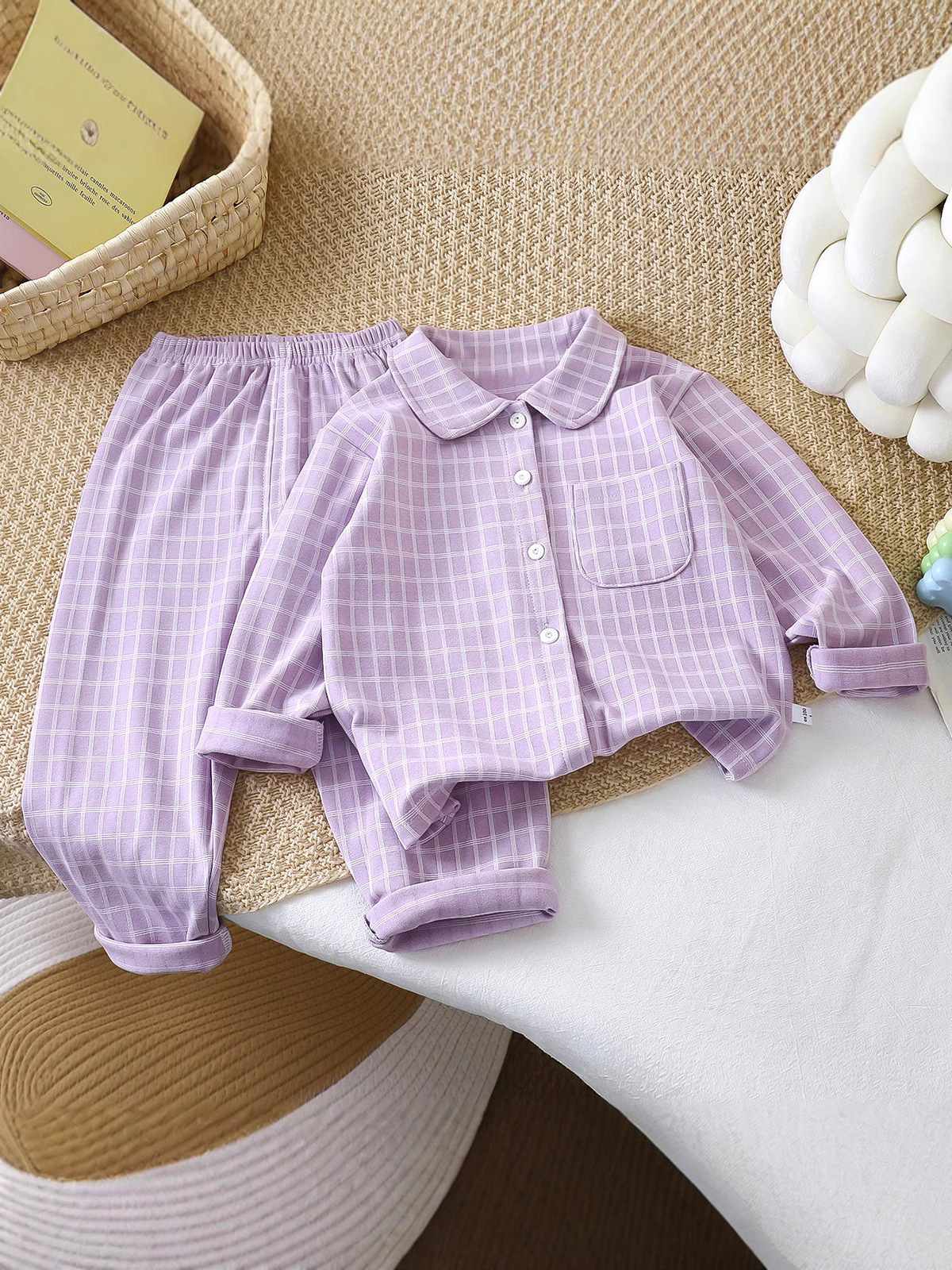 Pajamas infantiles de cotton de estilo coreano para niños y niñas, camisetas simples a cuadros, ropa para el hogar con solapa de dos piezas para mantener el calor