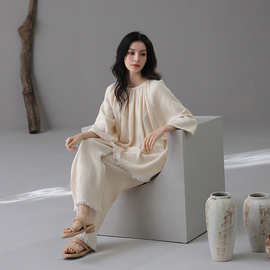 春夏抗菌双层纱可外穿睡衣休闲短袖棉睡衣开衫7A棉家居服套装