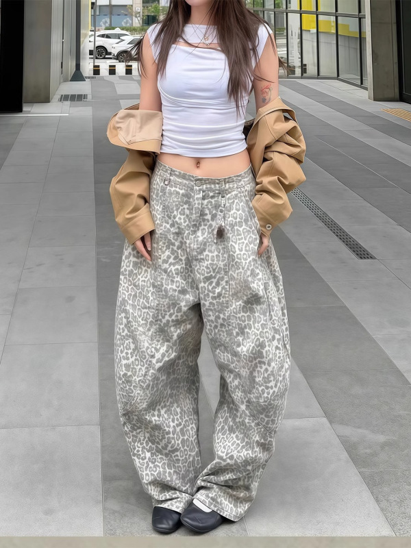 美式复古做旧水洗豹纹牛仔裤子女夏辣妹宽松慵懒时髦拖地弯刀长裤|undefined
