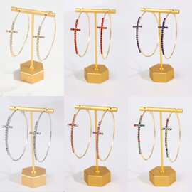 欧美跨境饰品 金色十字架镶钻简约耳圈 个性夸张圆圈耳环耳钉女