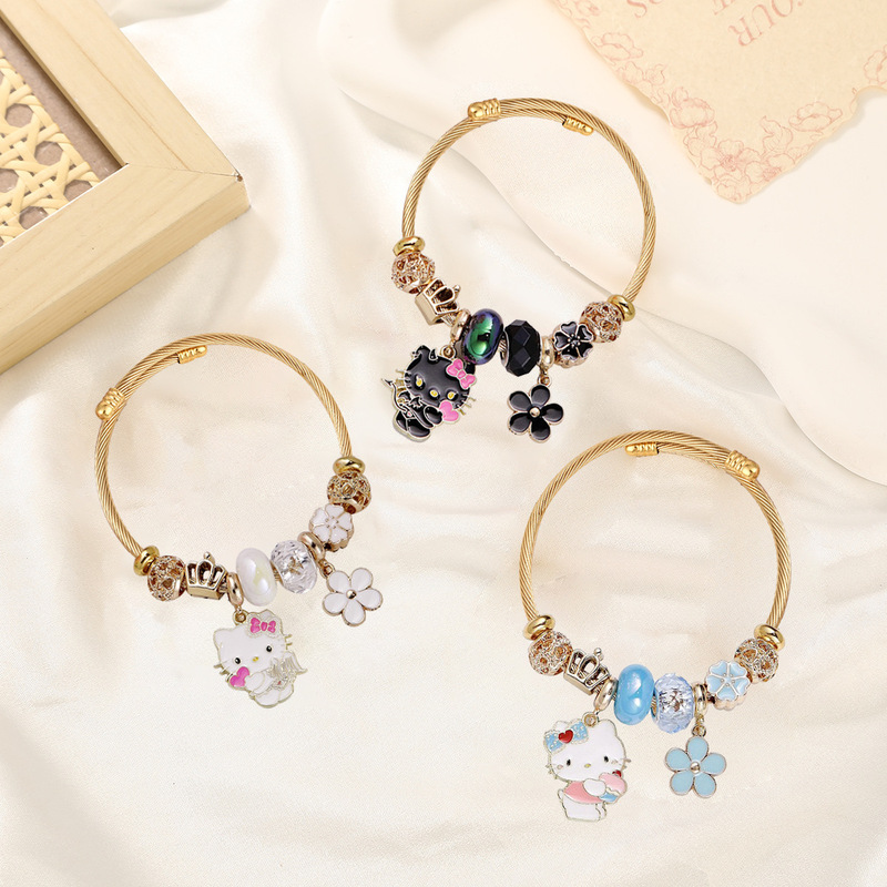 Hello Kitty Stainless Steel Bracelet for Female Students, Niche Design, Cute Cartoon Kt Cat Pendant Bracelet Jewelry