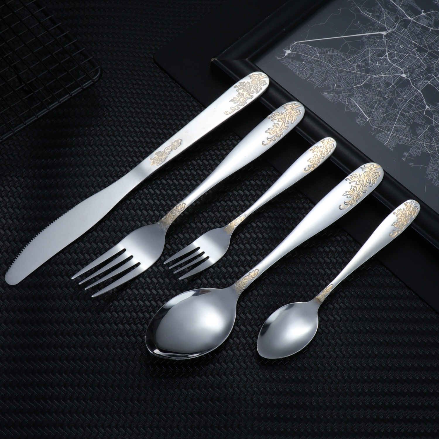 Cross-border stainless steel series embossed pattern western-style tableware exquisite retro gold-plated craft creative knife, fork and spoon suit
