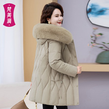 2025秋冬中老年妈妈装中长款保暖棉服外套连帽大毛领棉衣开衫女装