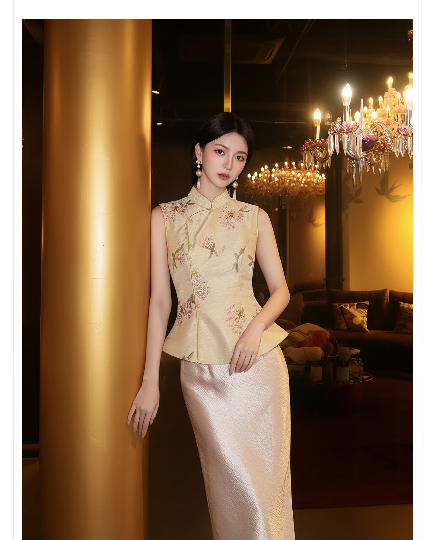 Bộ váy nữ phong cách Trung Hoa mới gồm áo choàng vai, áo khoác gile và chân váy nửa dài, họa tiết thêu hoa văn, tua rua — Mây vai, Trang chủ, Champagne màu nửa váy chi tiết 9