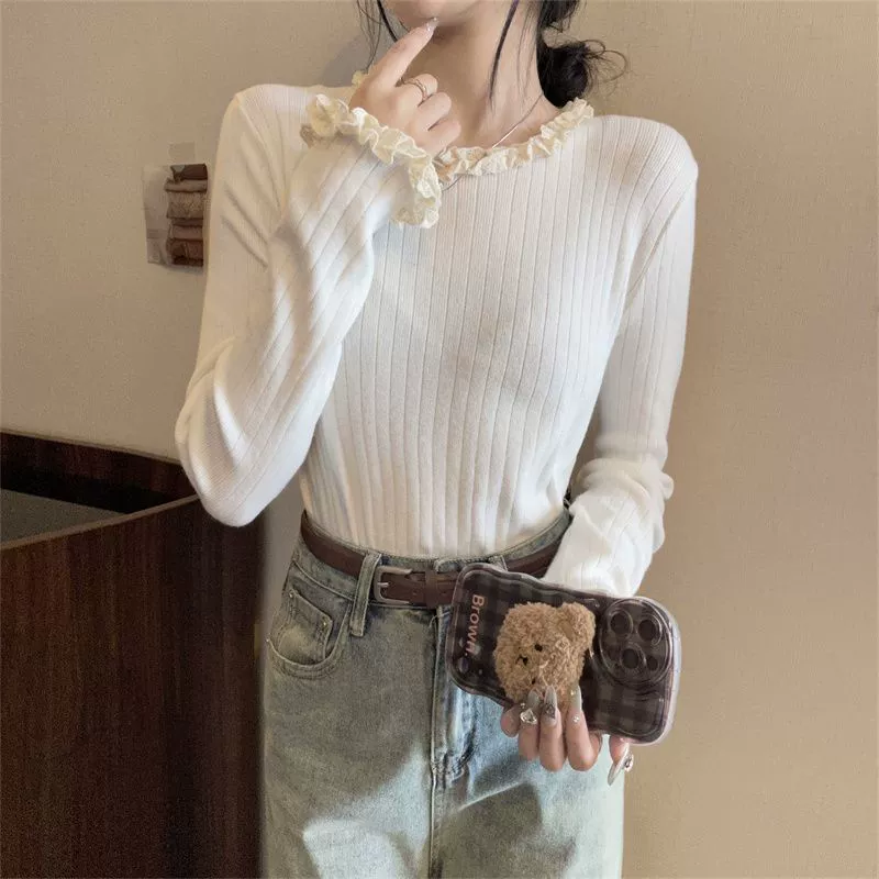Lace knitted body-friendly spring fitted sweater