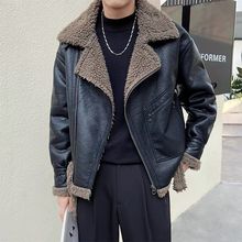 2025新款冬季羊羔皮衣短款机车男士加绒皮毛一体外套翻领夹克加厚