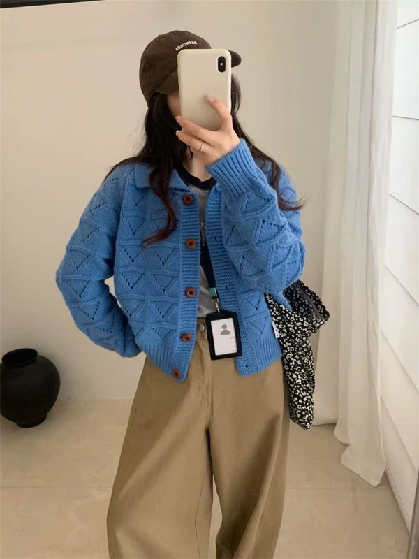 复古翻领镂空针织开衫女秋冬新款宽松慵懒百搭小个子短款毛衣外套|undefined