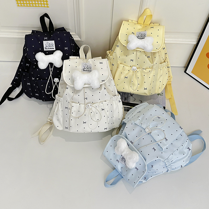 Bow-Knot Polka-Dot Drawstring Backpack for Women, College Style, Commuter School Bag, Niche Casual Travel Backpack