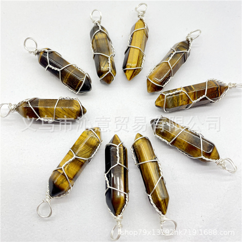 Comercio exterior caliente bobina hexagonal columna colgante collar de cristal natural hecho a mano de plata hilo bala joyería al por mayor