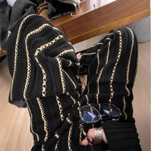 高级设计黑金条纹撞色针织微喇裤小众时髦超显瘦黑色肌理感阔腿裤