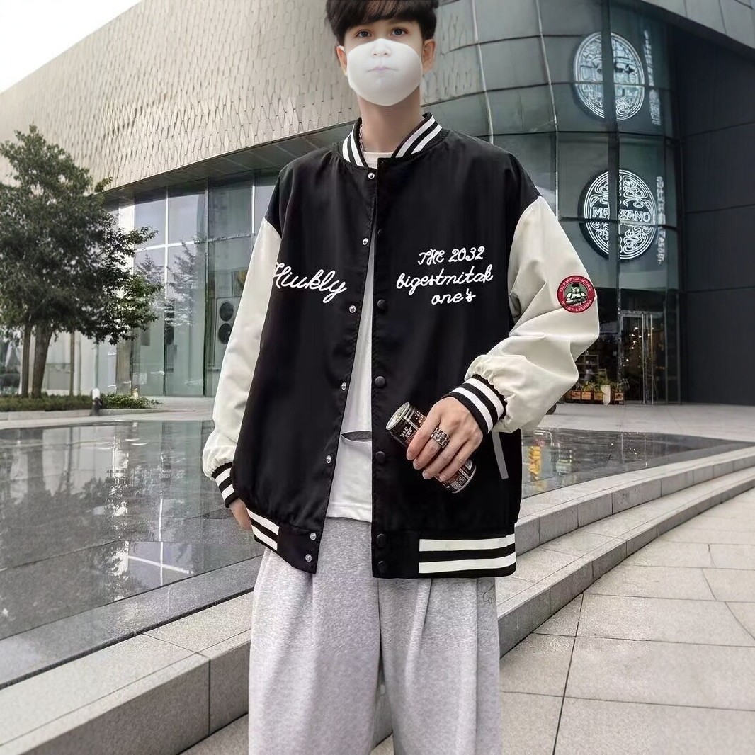 American-style baseball jacket for men, spring and autumn, color-blocked, trendy, loose-fitting, casual, retro, loose-fitting casual couple jacket.