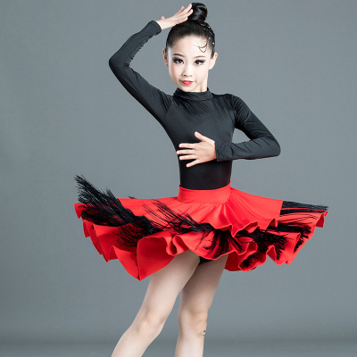 Children's black red tassels Latin dance dresses children ballroom salsa  performance outfits