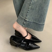 羊皮版~真皮气质尖头单鞋女2024新款春秋一字扣浅口玛丽珍小皮鞋