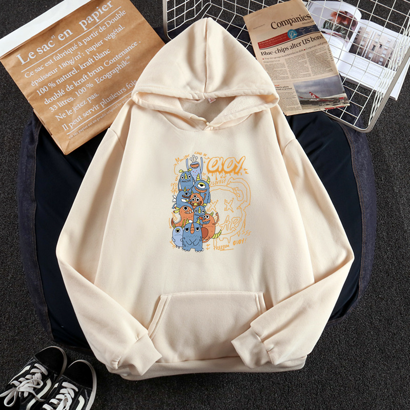 2021 Early Autumn Hong Kong Style Japanese Cartoon Quirky Personality Print Loose Lazy Boyfriend Style Couple Student Hooded Sweatshirt