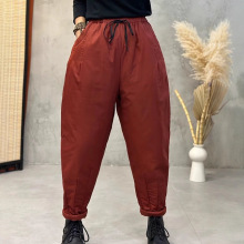 2025年冬季文艺复古松紧腰宽松休闲裤净色长款哈伦裤加厚加棉裤女