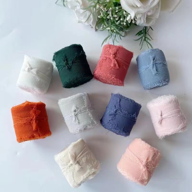 Hand-sewn chiffon fringe ribbon wedding hand bouquet tie ins silk ribbon strip handmade pearl chiffon band