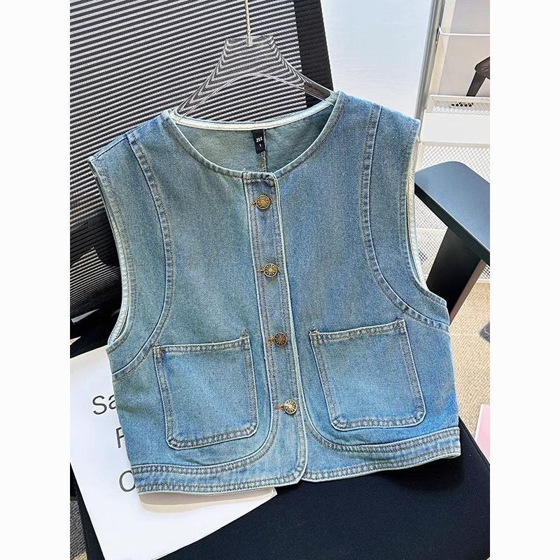 Korean Style Outer Wear Vest Layered Round Neck Denim Vest Women's Summer Loose Short Sleeveless Casual Vest Jacket Trendy