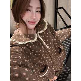 可爱娃娃领碎花雪粒绒睡衣女冬季加厚保暖宽松家居服套装