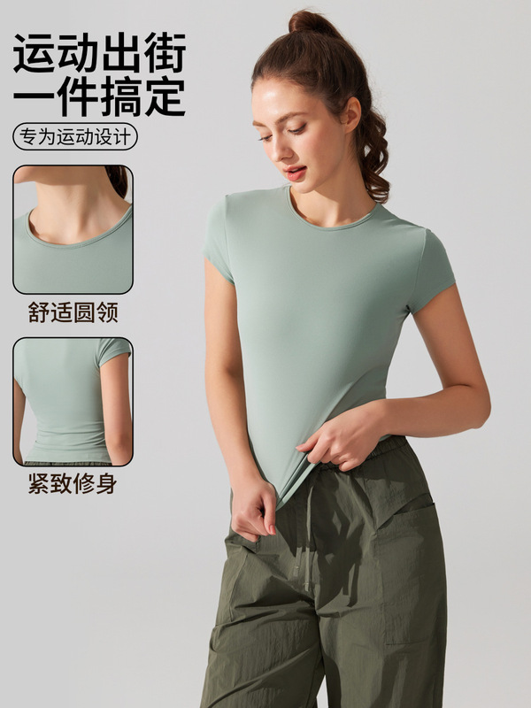 欧美圆领休闲运动短袖透气速干瑜伽T恤收腰修身跑步健身背心上衣|undefined
