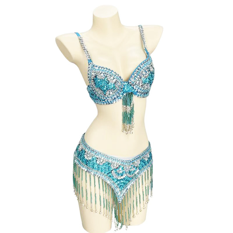 Bra de baile del estómago de cintura conjunto de alto grado sexy vestido de espectáculo de escenario de discoteca con bordado de perlas de sequillas