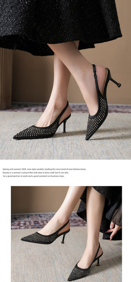 Sandal nữ bít mũi mũi nhọn gót mảnh 6–8 cm chất liệu lưới đính đá quai hậu — Màu be, màu đen chi tiết 9