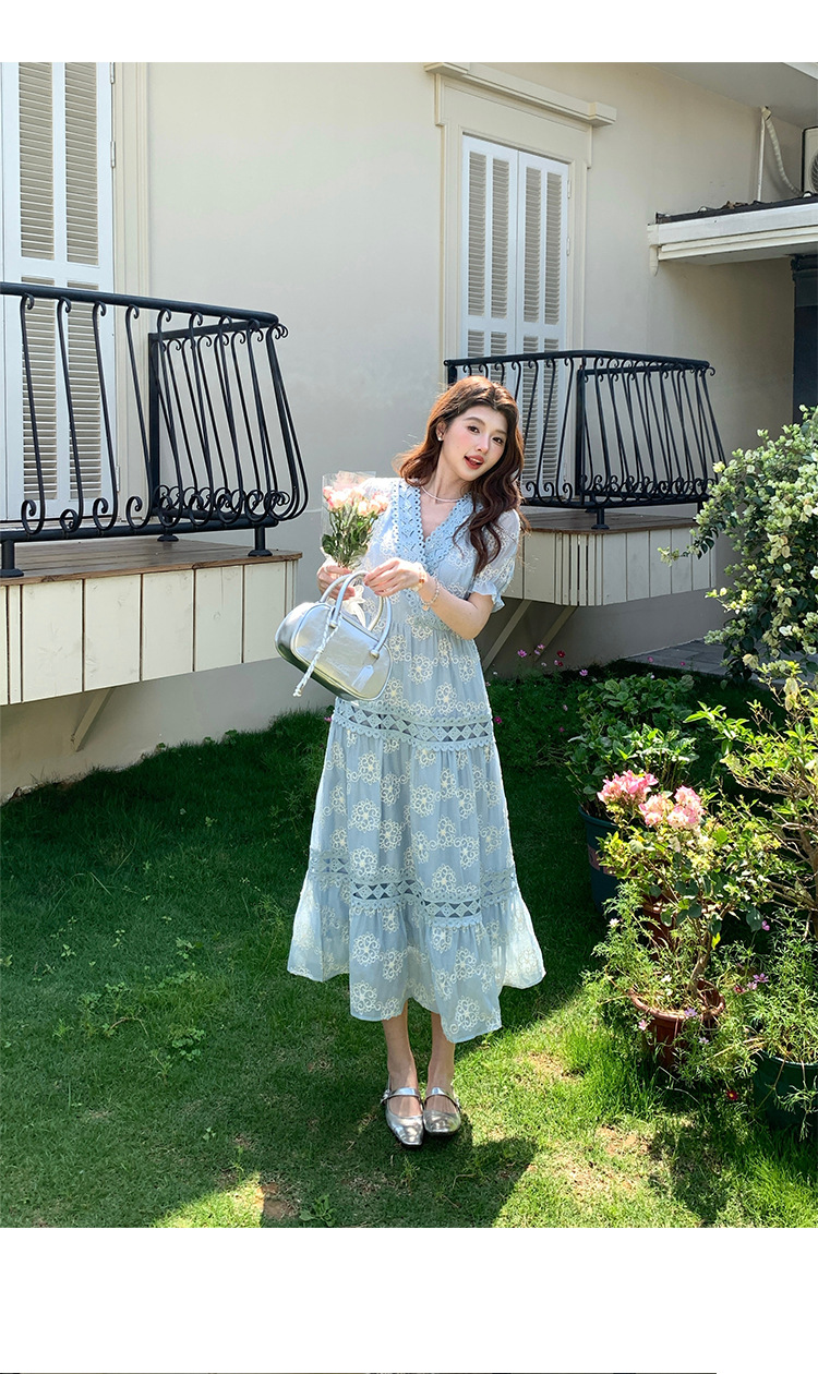 Đầm maxi nữ tay bồng ren hoa V cut-out phong cách Pháp cung đình — xanh lam, màu hồng, màu mơ chi tiết 32