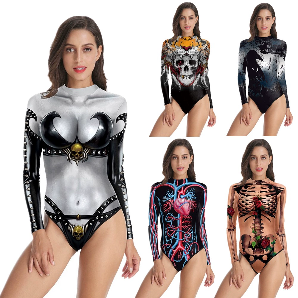 Заводская прямая продажа через границы хэллоуин новый круглый воротник молния женский купальник пляж серфинг длинный рукав купальник женщины оптом