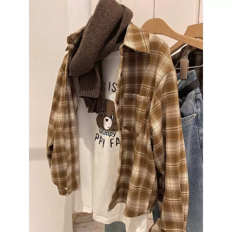 早春日系复古磨毛格子衬衫外套女韩版撞色宽松叠穿格纹衬衣上衣潮