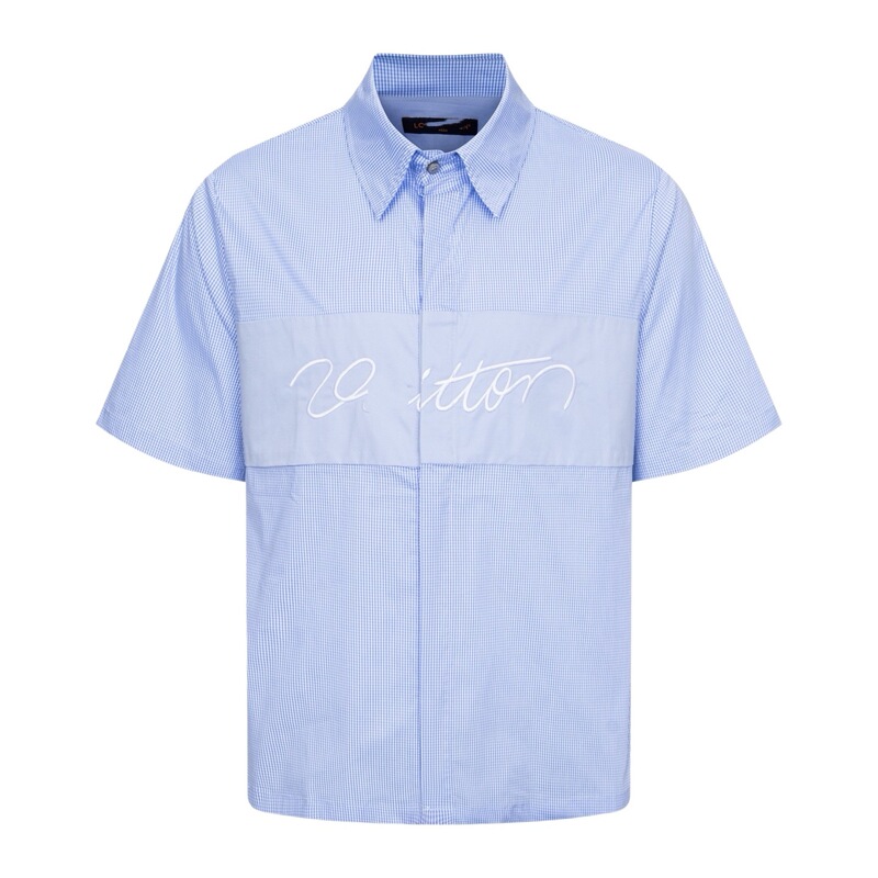 Correct Version High-Quality Lv 3D Signature Embroidered Fine Checkered Short-Sleeve Shirt Casual Versatile Loose Fit Blue Correct Version High-Quality Lv 3D Signature Embroidered Fine Checkered Short-Sleeve Shirt Casual Versatile Loose Fit Blue