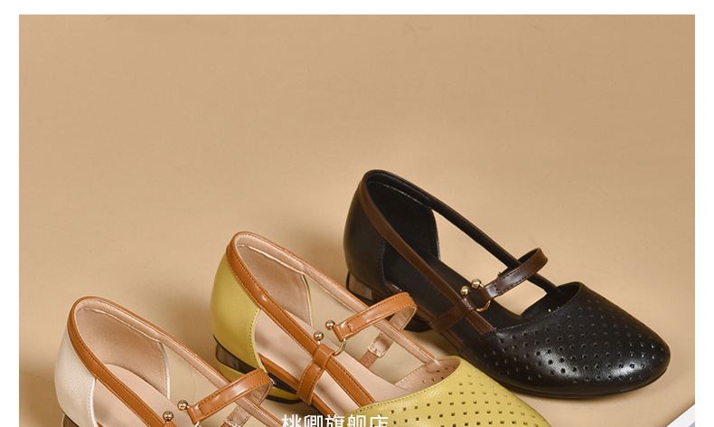 Sandal nữ da thật mũi tròn gót vuông đế mềm khoét lỗ hè — Màu đen chi tiết 34
