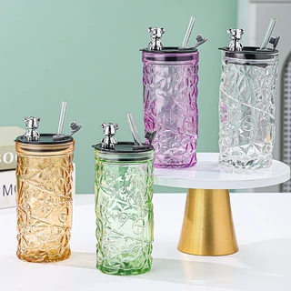 创意可爱小熊吸管杯咖啡杯玻璃水杯女生高颜值玻璃杯子logoglass