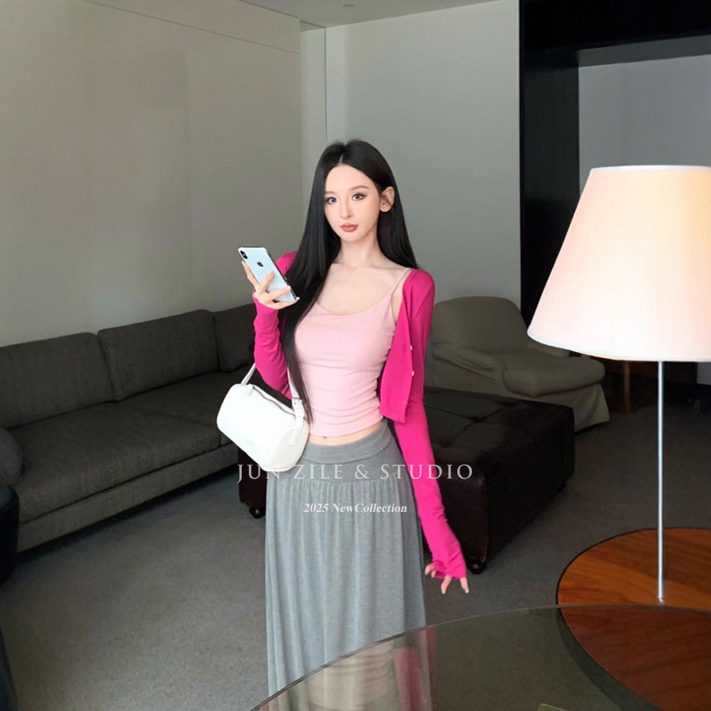 Women's Clothing Set Autumn Outfit Pure Desire Spicy Girl Inner Camisole Long-Sleeve Cardigan Small Jacket A-Line Skirt Long Skirt