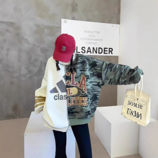 Foreign Trade Order Harajuku Style Letter Printing Contrast Color Colorblock Loose Casual plus size Round Neck Asymmetric Camouflage Sweatshirt