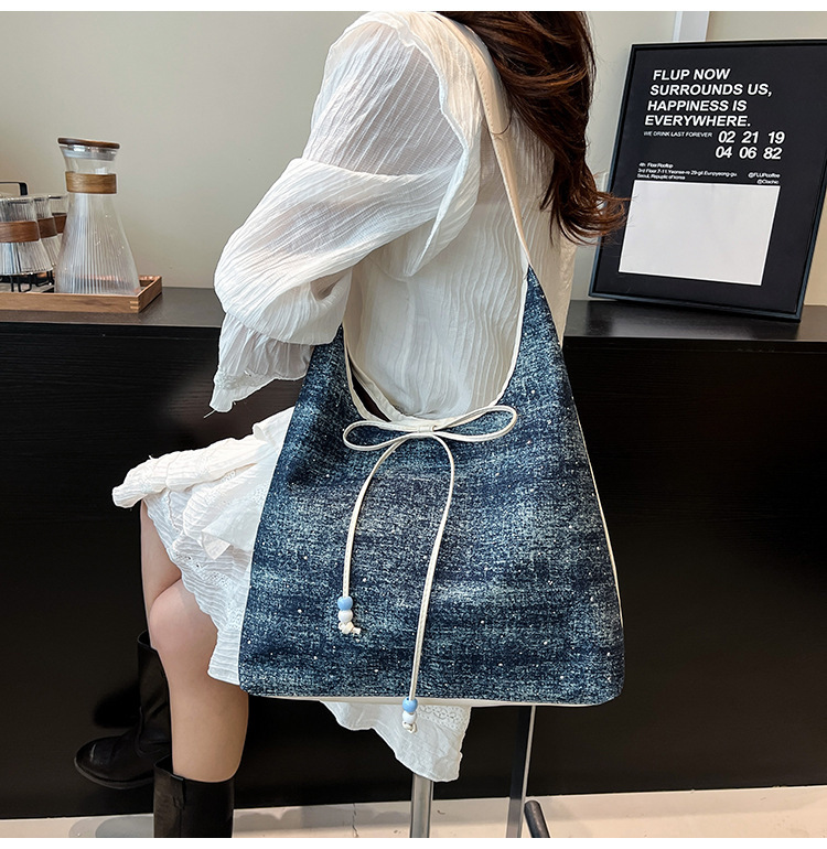 615g Weight String Closure Type Single Shoulder Strap Strap Type Shoulder Bag Bags Type Casual, Holiday Occasion Denim Material Sequins Pattern All Seasons Season Women's Gender Elegant, Streetwear Style Dumpling Shape Shape Women's Denim Sequins Elegant Streetwear Dumpling Shape String Shoulder Bag 4