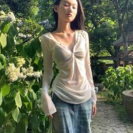 网纱连帽长袖恤女新款夏季防晒衣设计感小众罩衫薄纱上衣潮