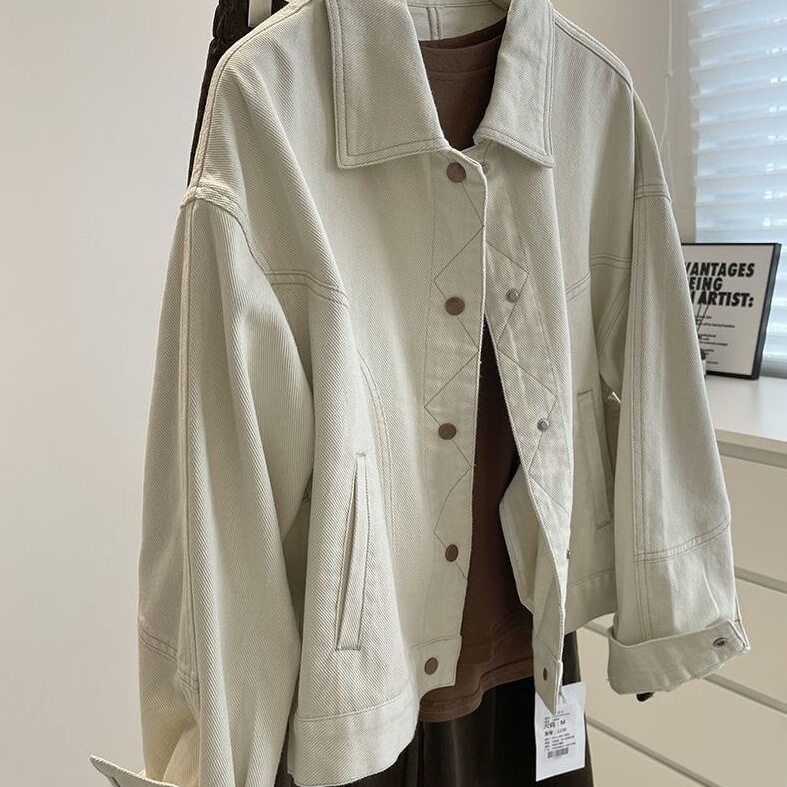 Spring and Autumn Short Women's Design Versatile Loose Slimming Korean Denim Jacket Casual Beige Jacket Top