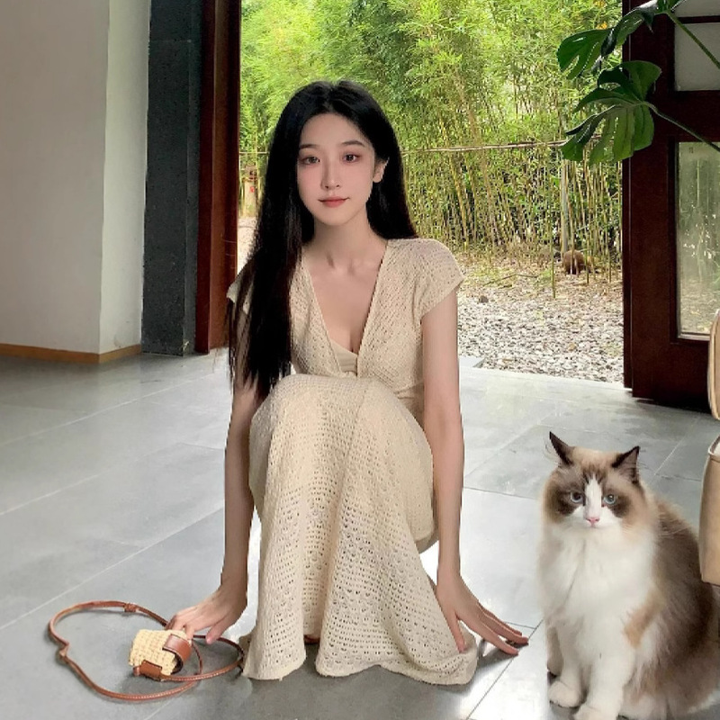 Draped dress 2025 New Heavy Industry Hollow Crochet Kink Temperament Gentle Style Retro Dress for Children