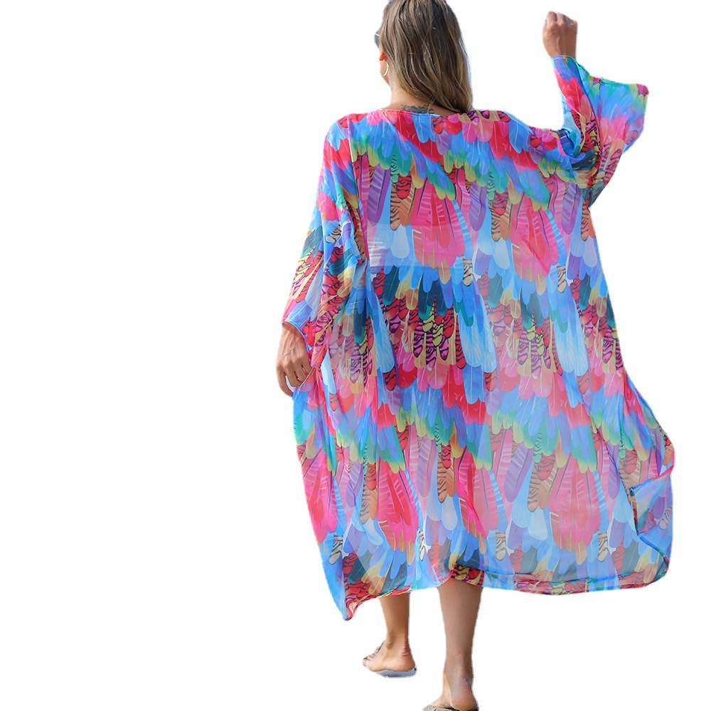 Blusa de playa europea y americana gasa impresa suelta vacaciones protector solar cardigan bikini blusa traje de baño chaqueta XF11