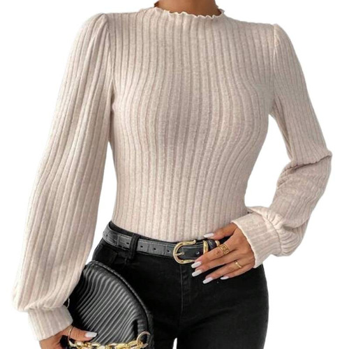 Specifically designed for French-style ruffled stand-up collar, lantern-sleeved long-sleeved knitted brushed ribbed textured one-piece top.