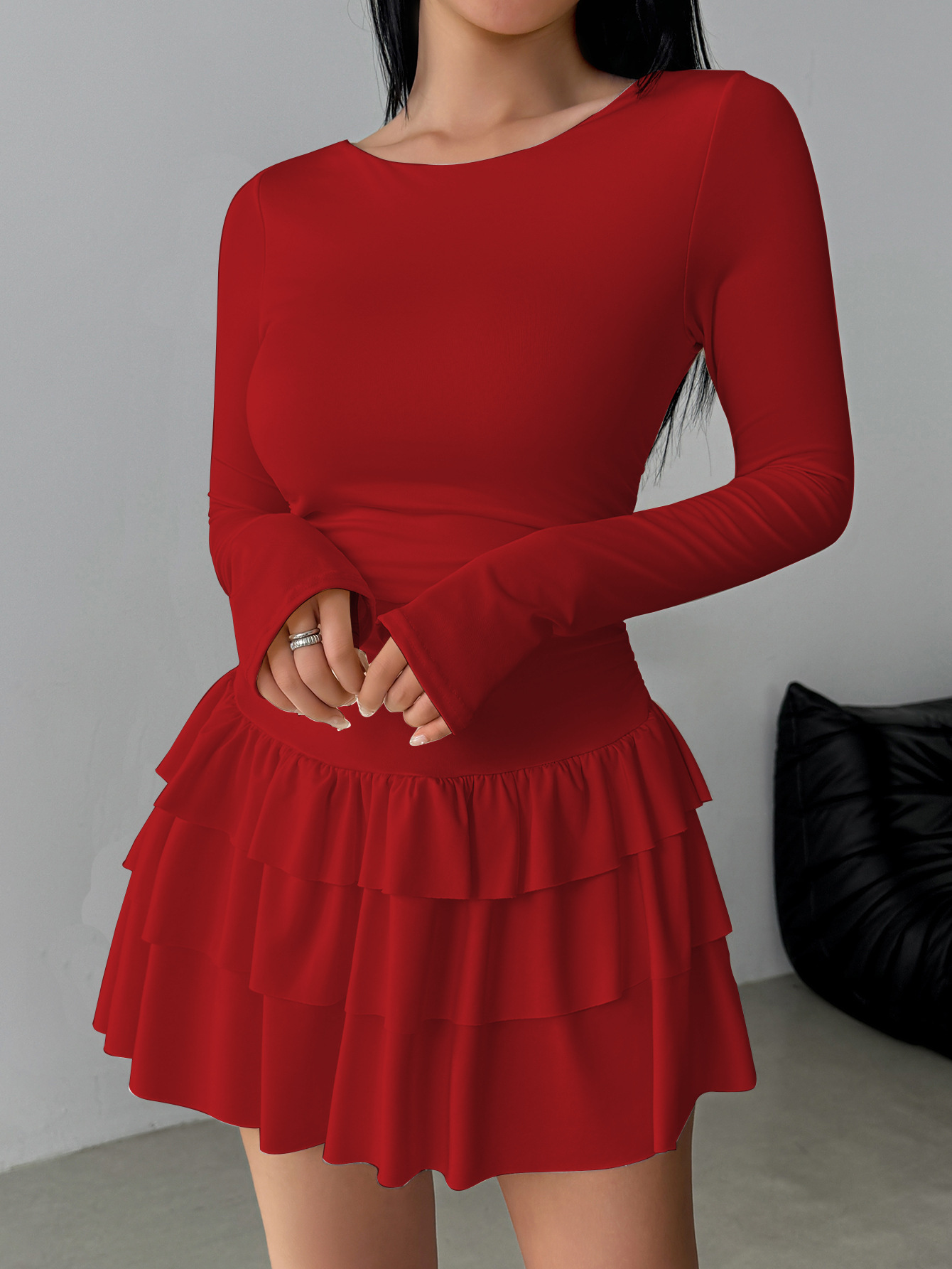 Women's Solid Color Slim Fit Ruffled Panel Long Sleeve Bodycon Mini Dress – Elegant Casual Gown_ecoleips.com