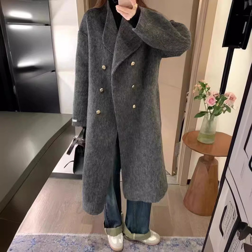 Winter and Autumn Standing Collar Double Breasted Unstructured Long Length Loose Cashmere Coat for Women High-End Outerwear Stylish and Elegant Korean Style