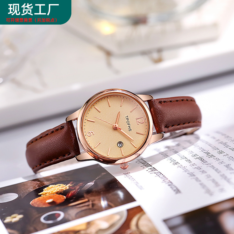 厂家直供新款皮带女手表 简约百搭潮表批发 鱼鳞纹日历防水女表|ms