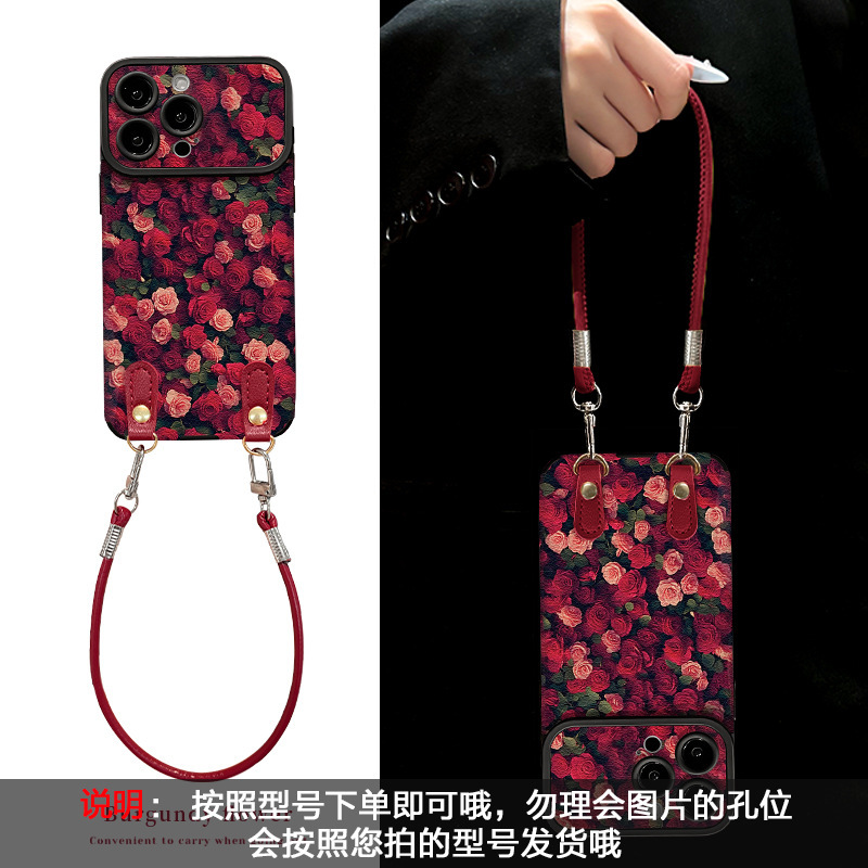 满屏玫瑰花挂绳适用苹果16手机壳iphone14pro大视窗羊皮15软硅胶|undefined