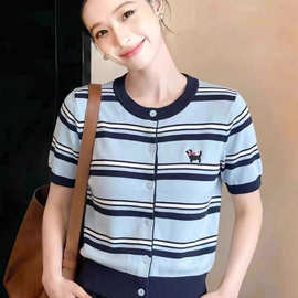 韩系撞色条纹针织开衫短袖女2026夏季新款圆领纽扣轻奢风显瘦上衣