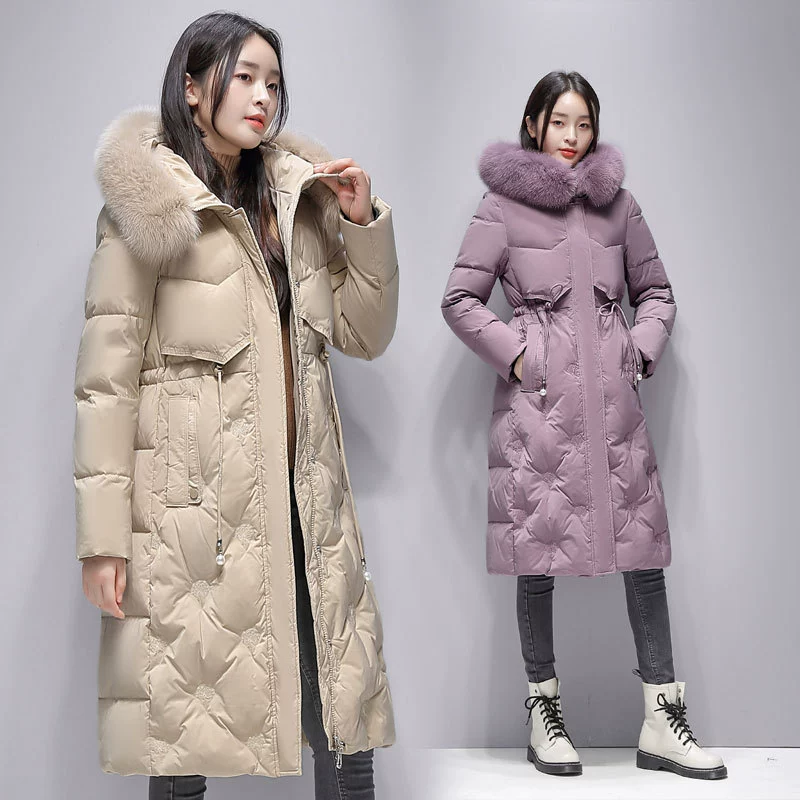 Пуховик с воротником из натурального Лисьего меха женский 2023 Зимний новый тонкий шнурок с капюшоном средней длины на талии