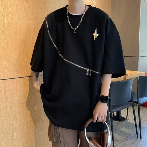 Niche diagonal zipper design short-sleeved T-shirt men's Korean style loose heavy high street lazy half-sleeved top summer