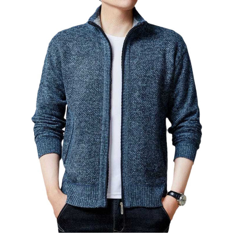 Men's Cross-Border Sweater Autumn and Winter Stand-Up Collar Cardigan Jacket Long Zipper Fleece-Lined Warm Solid Color Knitwear Factory Direct Sale