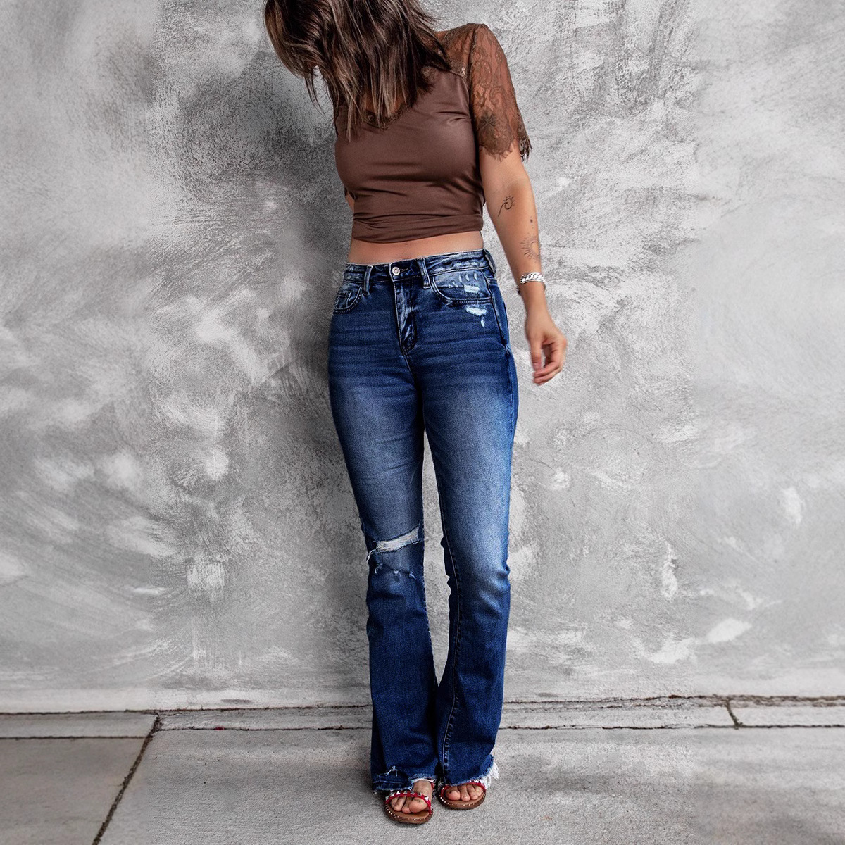 Jeans Acampanados de Cintura Alta para Mujer de Mezclilla, Alta Elasticidad, Rasgados, Borde Deshilachado, para Uso Casual image 4