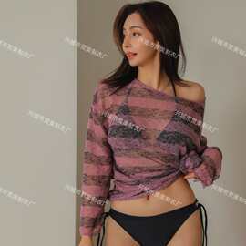 韩国ins风三点式比基尼长袖蝙蝠罩衫游泳衣温泉度假泳装女高级感